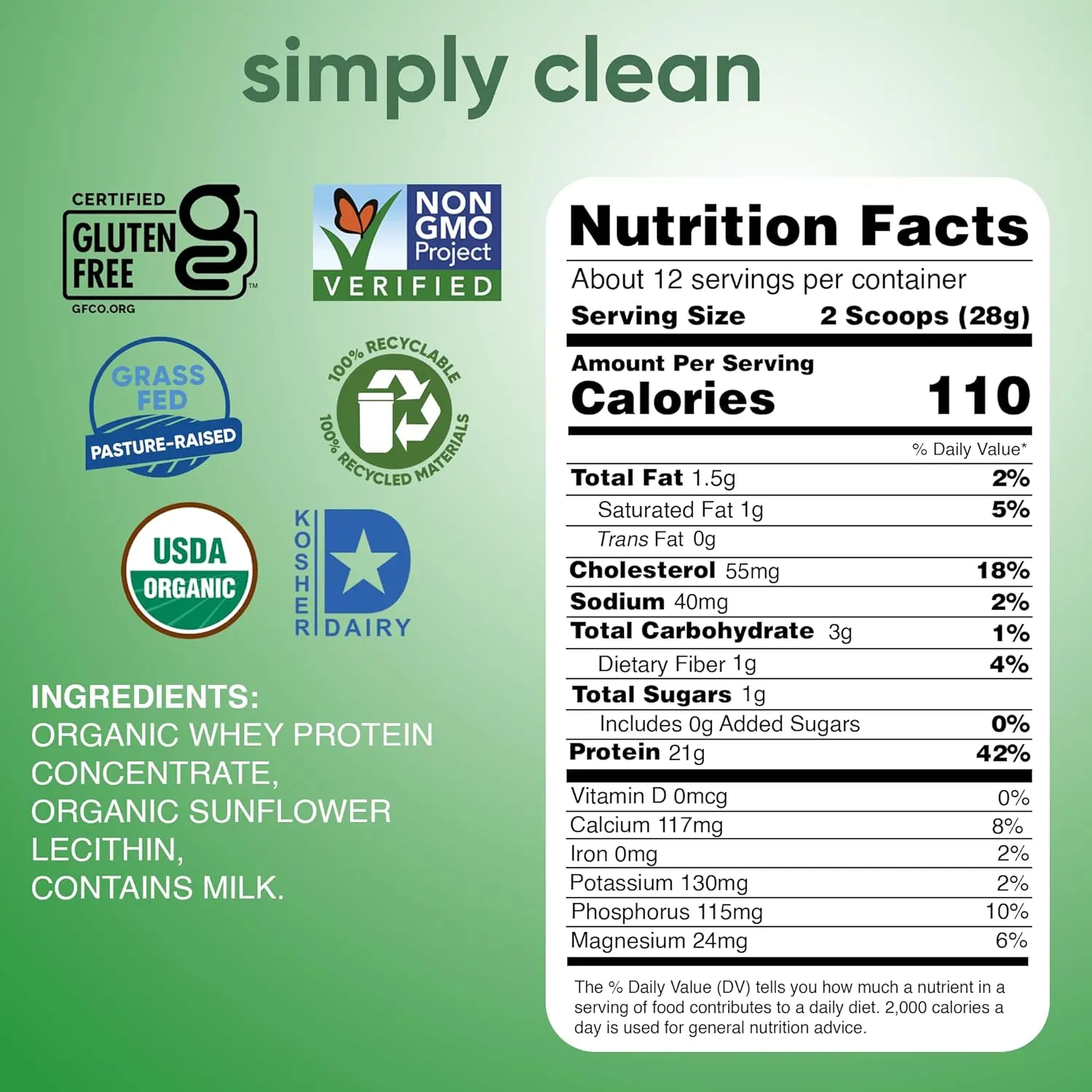 Simply Tera's organic whey protein powder is sourced from grass-fed cows on small family farms, providing 21 grams of complete protein per serving with no artificial sweeteners or hormones.