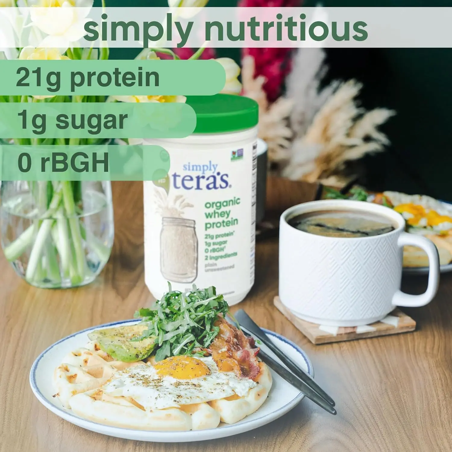 Simply Tera's organic whey protein powder is sourced from grass-fed cows on small family farms, providing 21 grams of complete protein per serving with no artificial sweeteners or hormones.