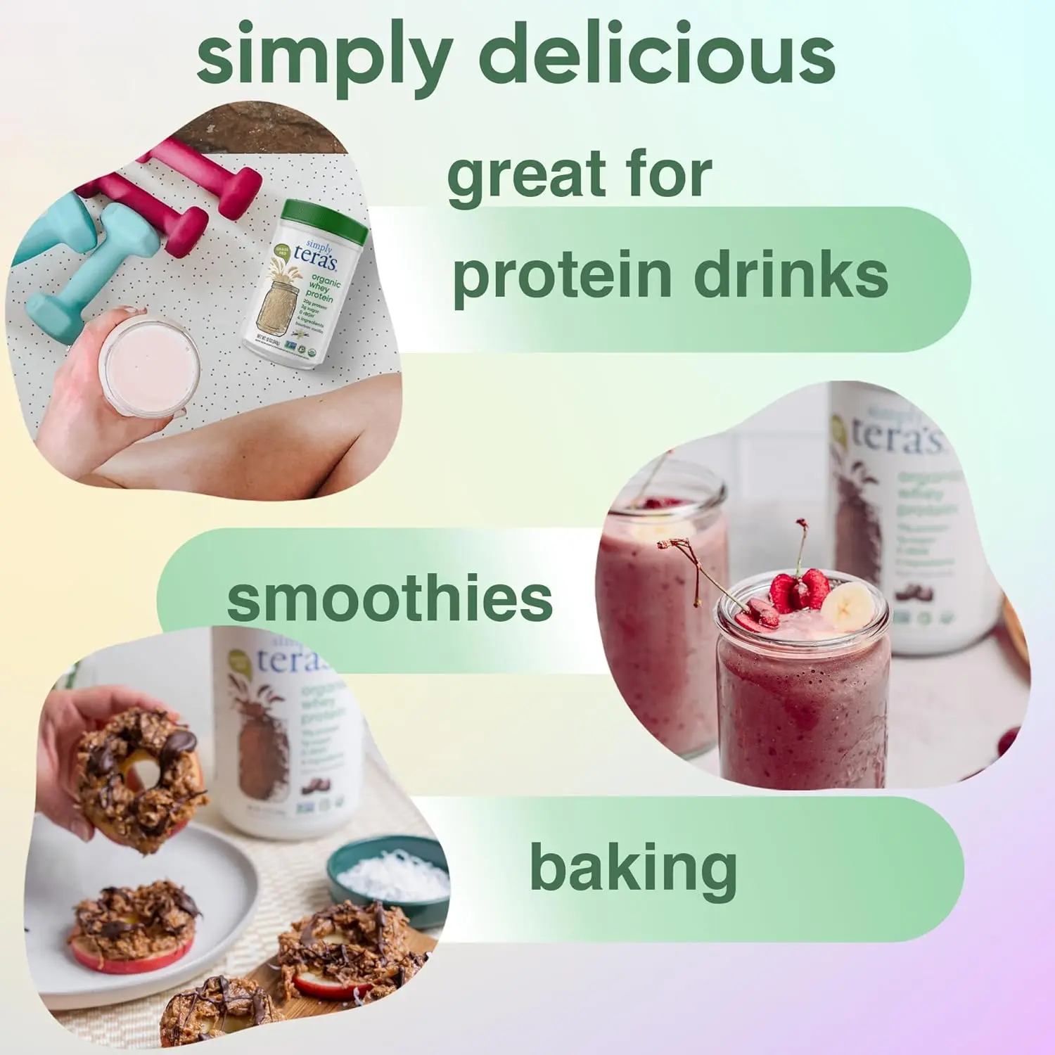 Simply Tera's organic whey protein powder is sourced from grass-fed cows on small family farms, providing 21 grams of complete protein per serving with no artificial sweeteners or hormones.