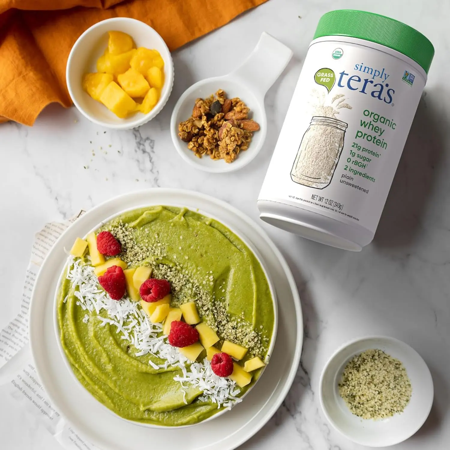 Simply Tera's organic whey protein powder is sourced from grass-fed cows on small family farms, providing 21 grams of complete protein per serving with no artificial sweeteners or hormones.