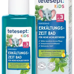 A bottle of tetesept Children's Cold Time Bath, a soothing bath additive with essential oils to help children relax and feel well during the cold season.