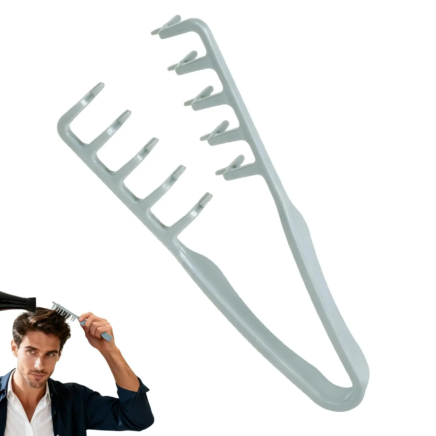 Grey texture comb with wide teeth designed for volumizing hair and creating fluffy styles for both men and women.