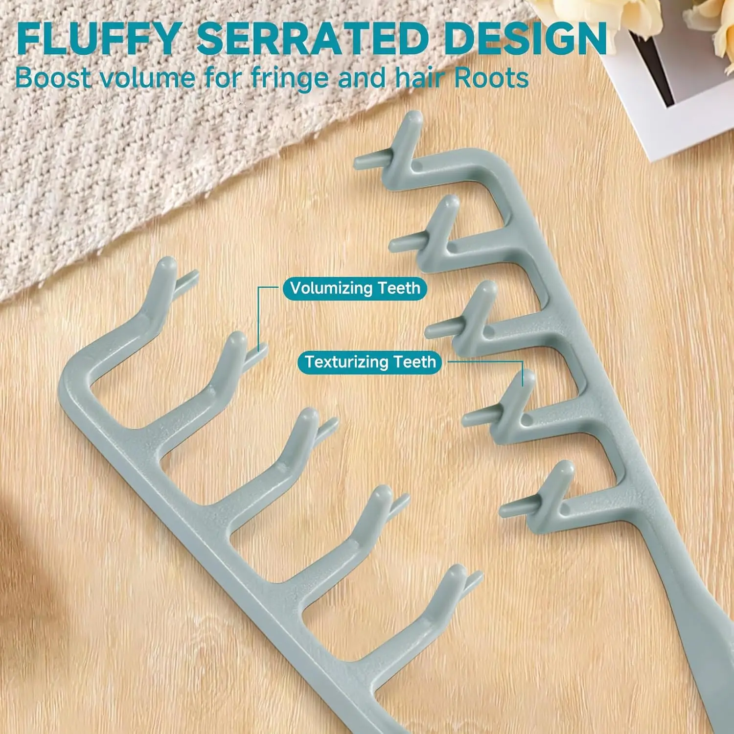 Grey texture comb with wide teeth designed for volumizing hair and creating fluffy styles for both men and women.