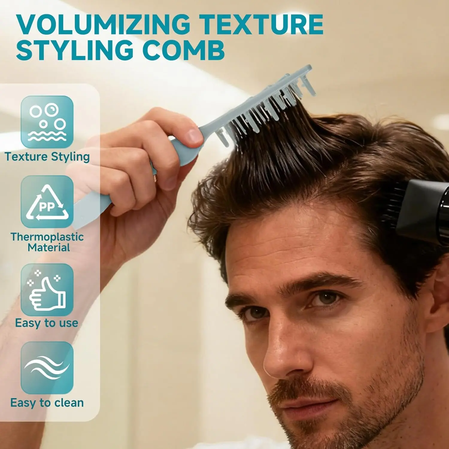Grey texture comb with wide teeth designed for volumizing hair and creating fluffy styles for both men and women.