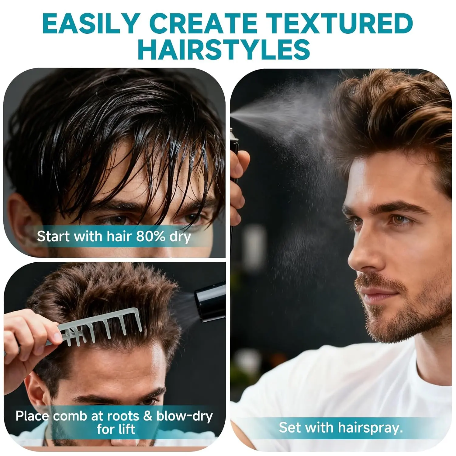 Grey texture comb with wide teeth designed for volumizing hair and creating fluffy styles for both men and women.