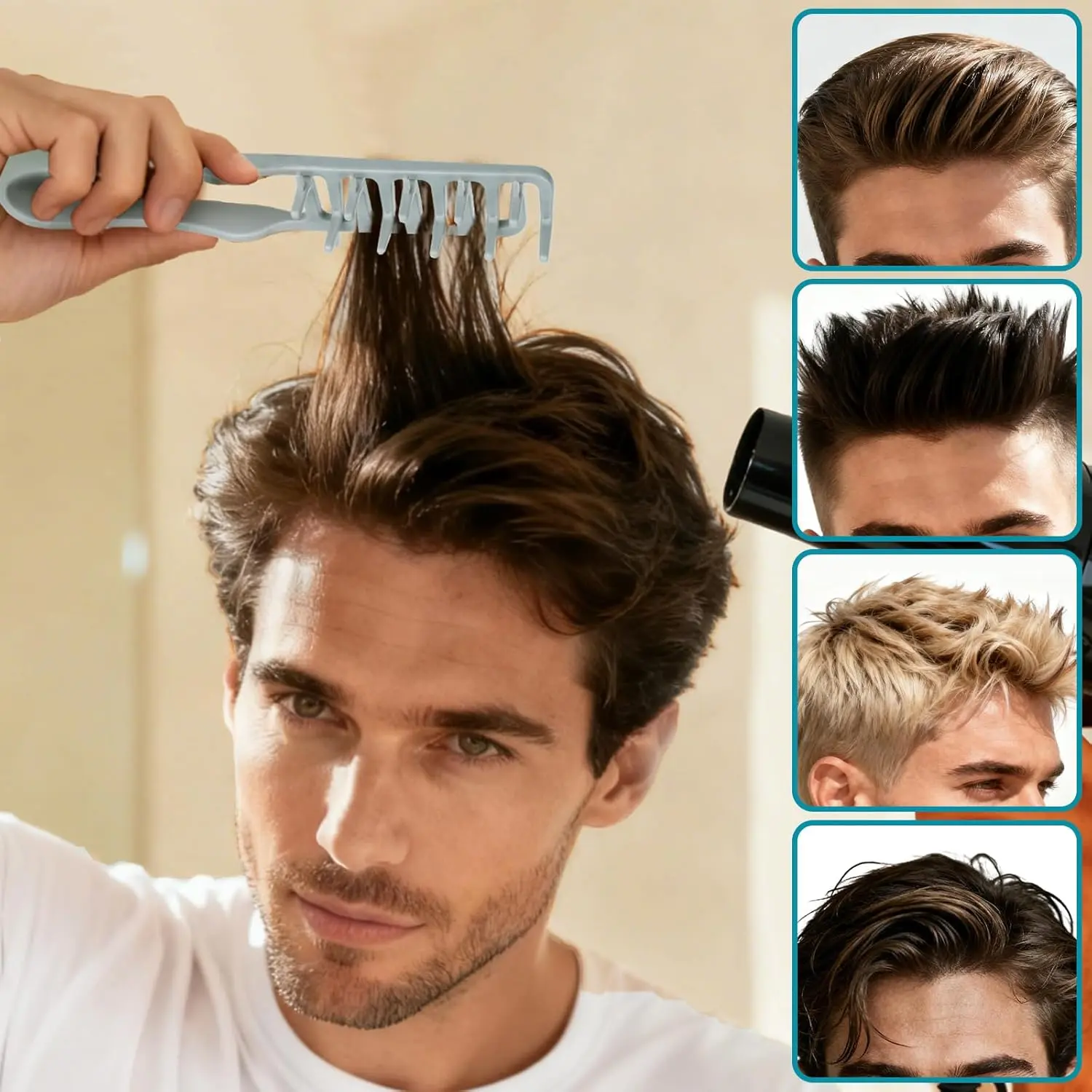 Grey texture comb with wide teeth designed for volumizing hair and creating fluffy styles for both men and women.