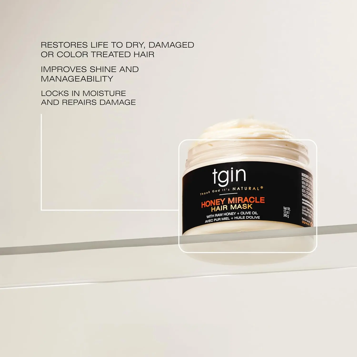 tgin Honey Miracle Hair Mask deep conditions and repairs dry, damaged, and color-treated curly hair with raw honey, olive oil, and jojoba oil for softer, shinier, healthier tresses.