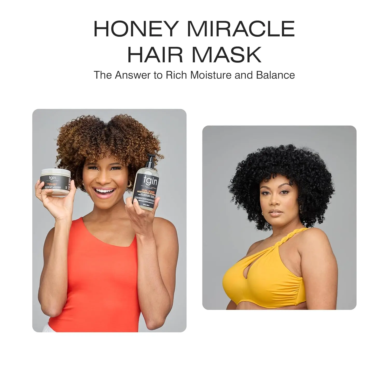 tgin Honey Miracle Hair Mask deep conditions and repairs dry, damaged, and color-treated curly hair with raw honey, olive oil, and jojoba oil for softer, shinier, healthier tresses.