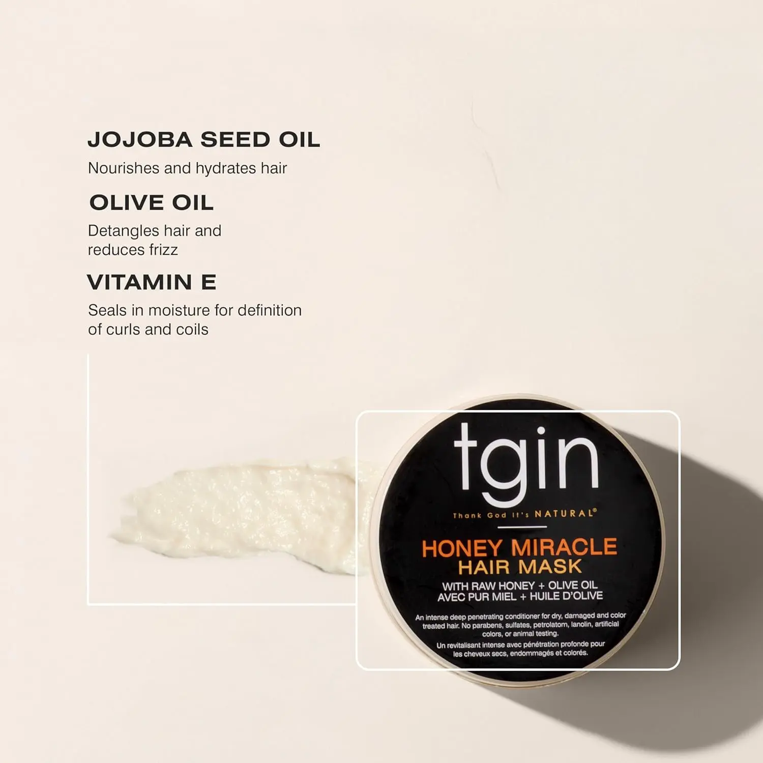 tgin Honey Miracle Hair Mask deep conditions and repairs dry, damaged, and color-treated curly hair with raw honey, olive oil, and jojoba oil for softer, shinier, healthier tresses.