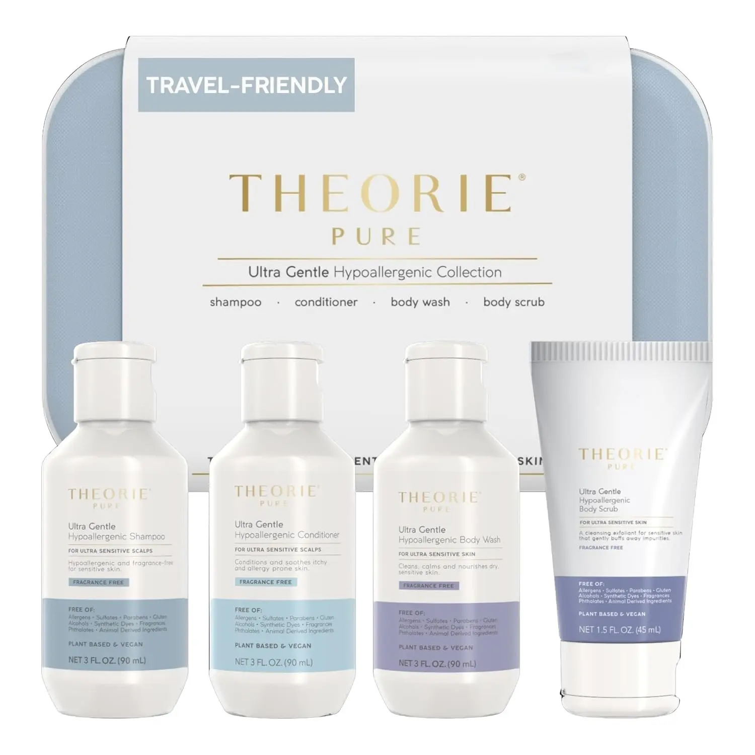Theorie Pure travel size set including shampoo, conditioner, body wash and scrub formulated with aloe vera, botanical oils and micro pumice for gentle, fragrance-free and ethical hair and skin care.