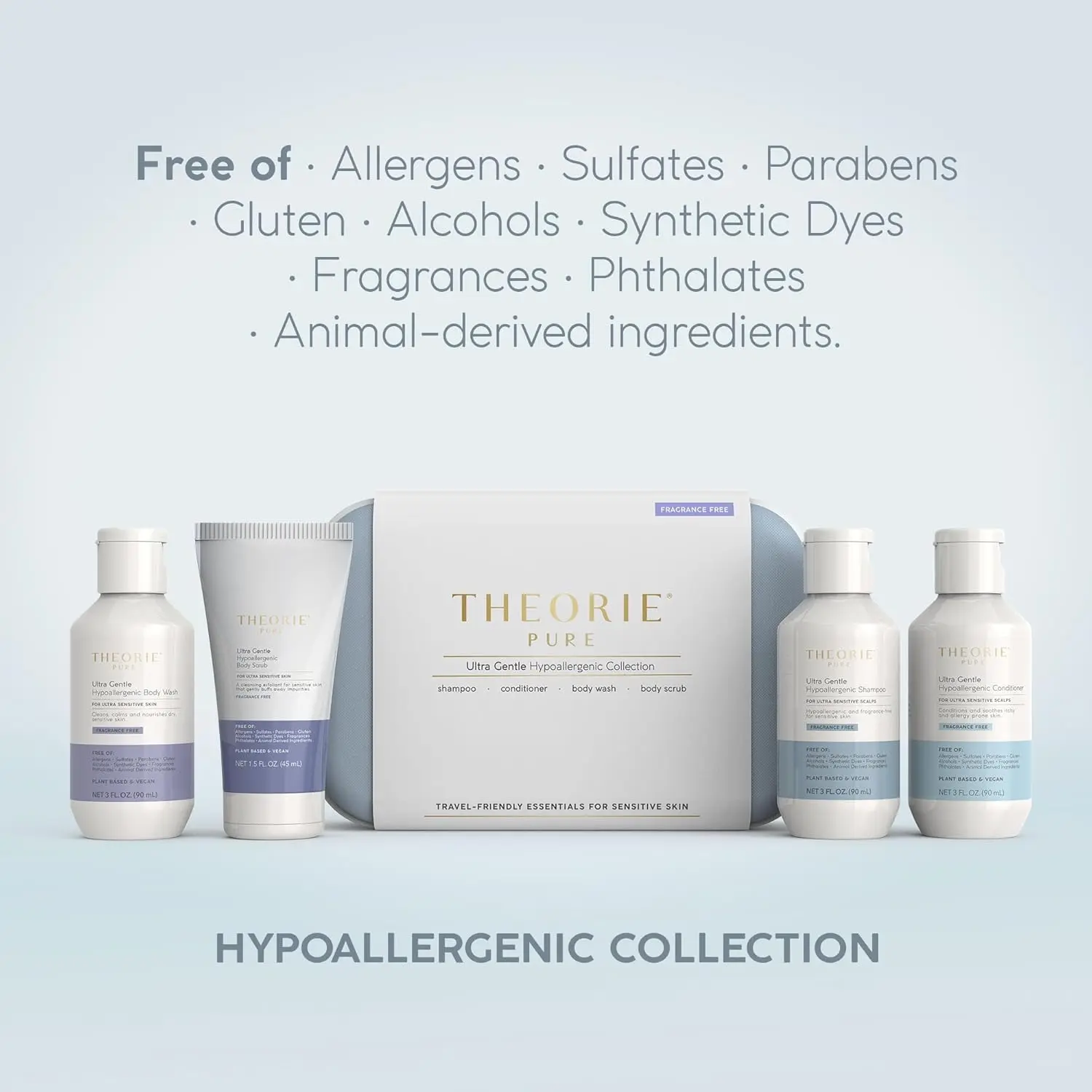 Theorie Pure travel size set including shampoo, conditioner, body wash and scrub formulated with aloe vera, botanical oils and micro pumice for gentle, fragrance-free and ethical hair and skin care.