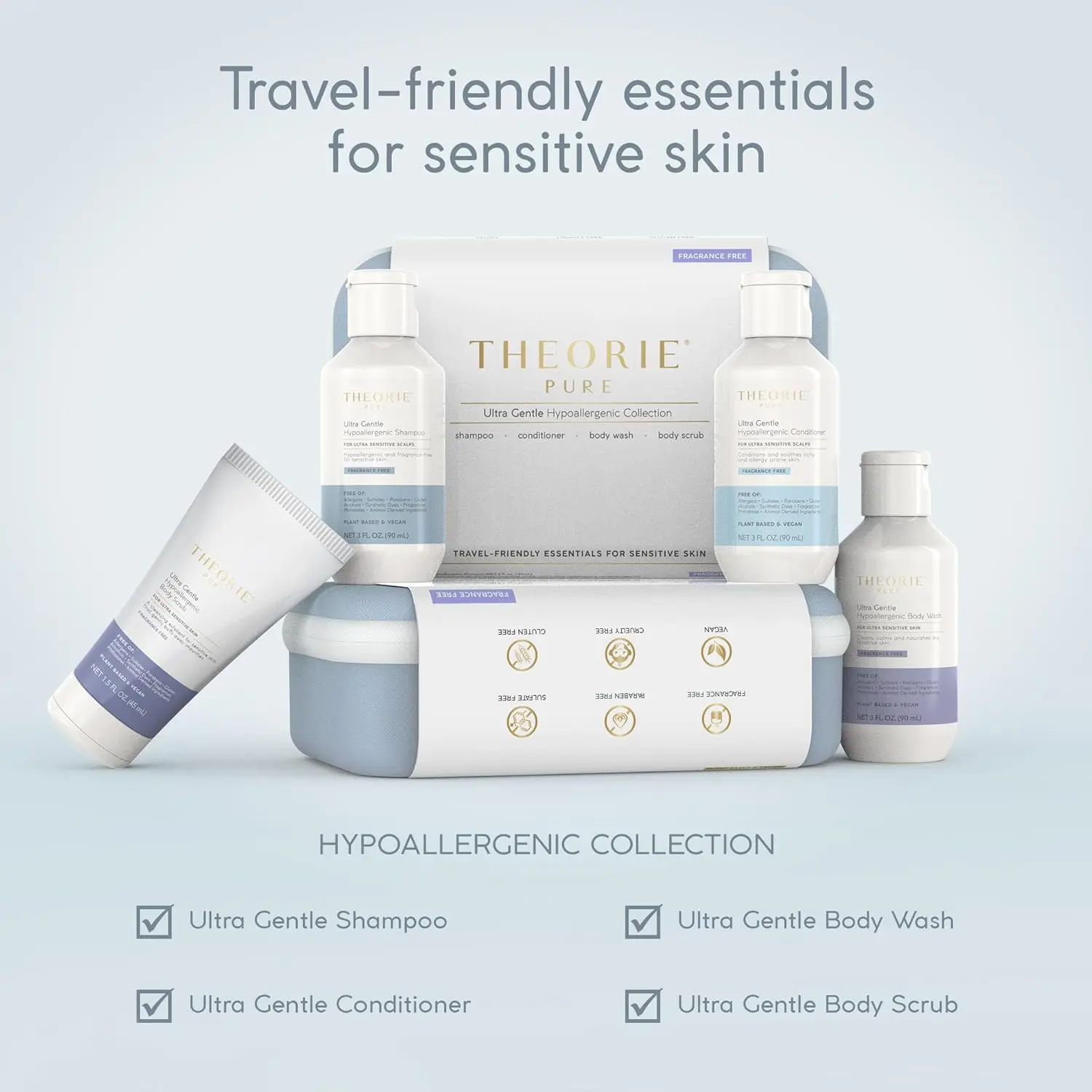 Theorie Pure travel size set including shampoo, conditioner, body wash and scrub formulated with aloe vera, botanical oils and micro pumice for gentle, fragrance-free and ethical hair and skin care.