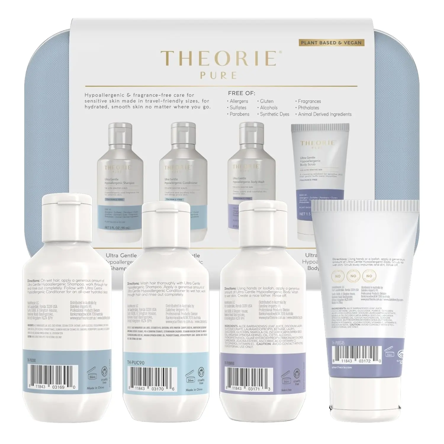 Theorie Pure travel size set including shampoo, conditioner, body wash and scrub formulated with aloe vera, botanical oils and micro pumice for gentle, fragrance-free and ethical hair and skin care.