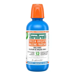Bottle of TheraBreath Fresh Breath Oral Rinse in Icy Mint flavor for fresh breath.