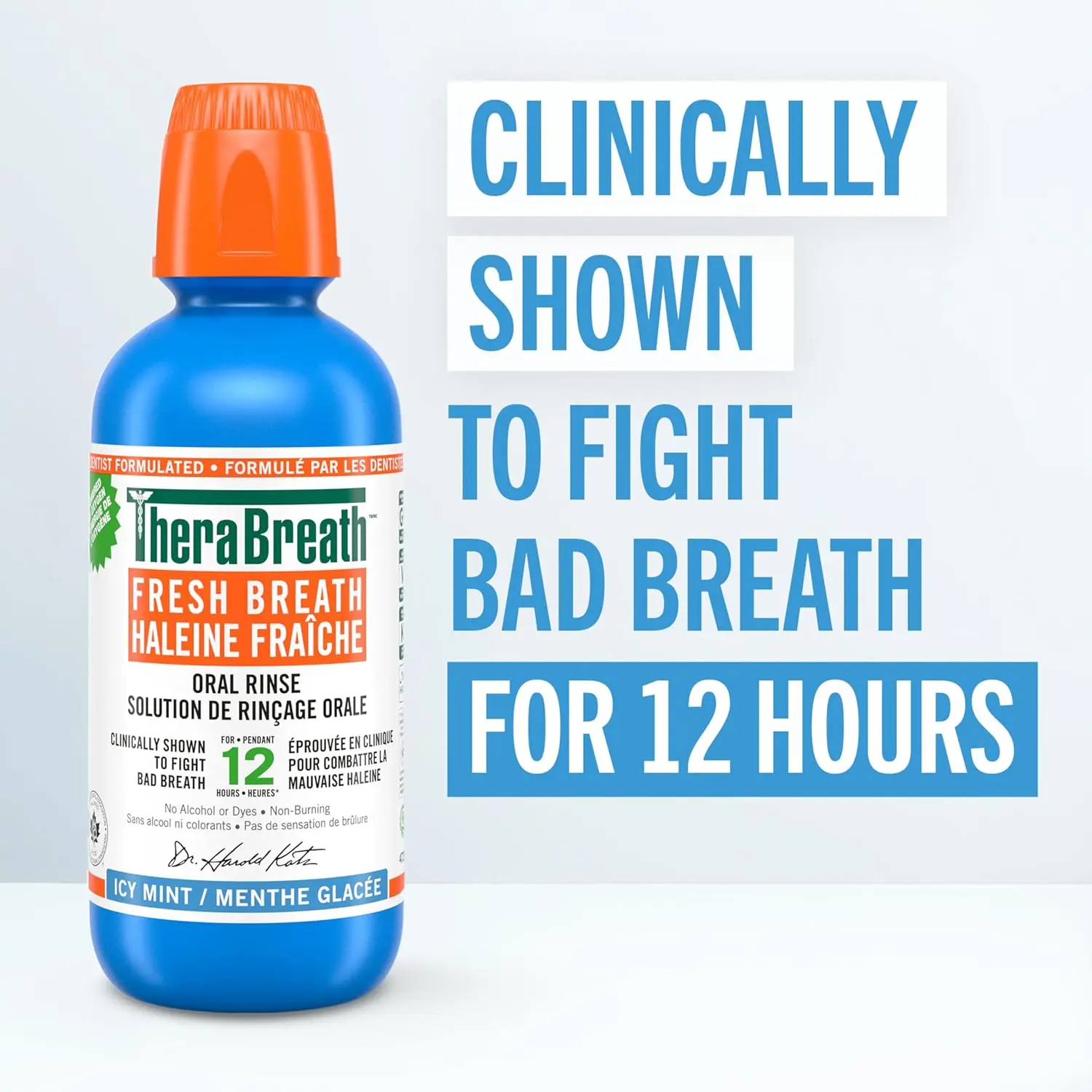 Bottle of TheraBreath Fresh Breath Oral Rinse in Icy Mint flavor for fresh breath.