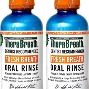 Two bottles of TheraBreath Icy Mint Oral Rinse, dentist recommended to neutralize bad breath causing bacteria and eliminate morning breath.