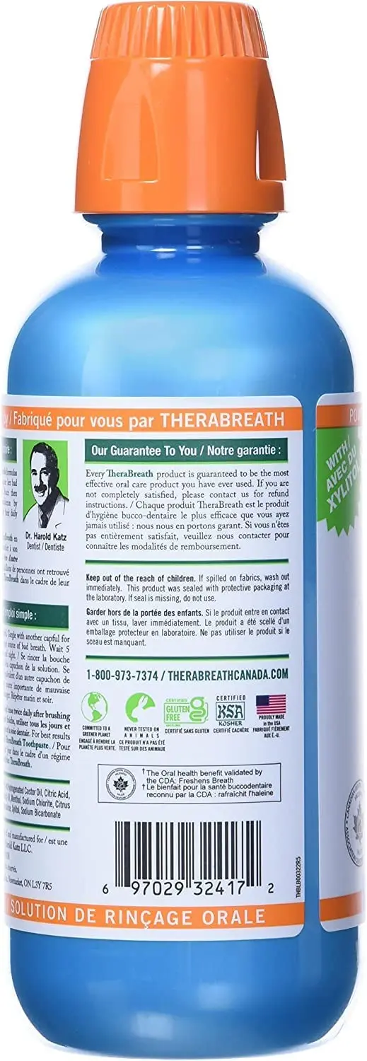Two bottles of TheraBreath Icy Mint Oral Rinse, dentist recommended to neutralize bad breath causing bacteria and eliminate morning breath.