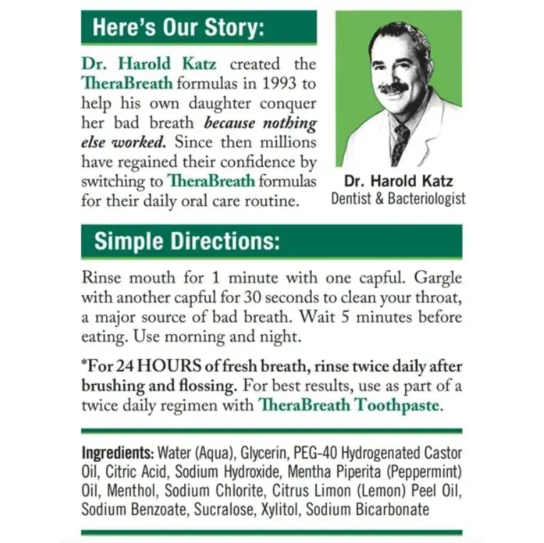 Two bottles of TheraBreath Icy Mint Oral Rinse, dentist recommended to neutralize bad breath causing bacteria and eliminate morning breath.