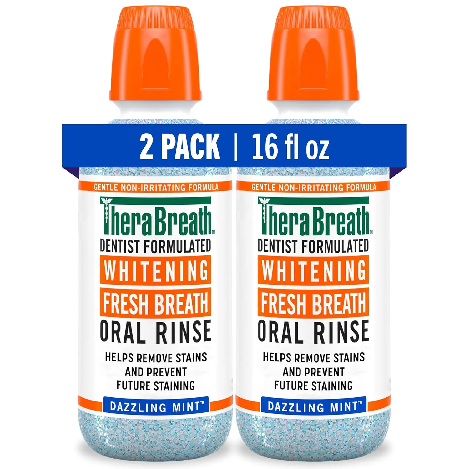 Two bottles of TheraBreath Dazzling Mint Whitening Mouthwash, a dentist-formulated, alcohol-free oral rinse designed to remove stains, prevent future staining, and freshen breath without peroxide.