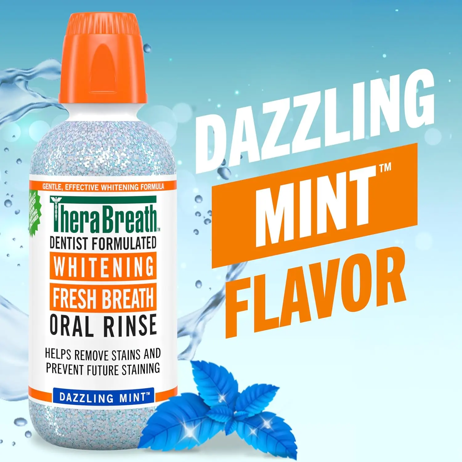 Two bottles of TheraBreath Dazzling Mint Whitening Mouthwash, a dentist-formulated, alcohol-free oral rinse designed to remove stains, prevent future staining, and freshen breath without peroxide.