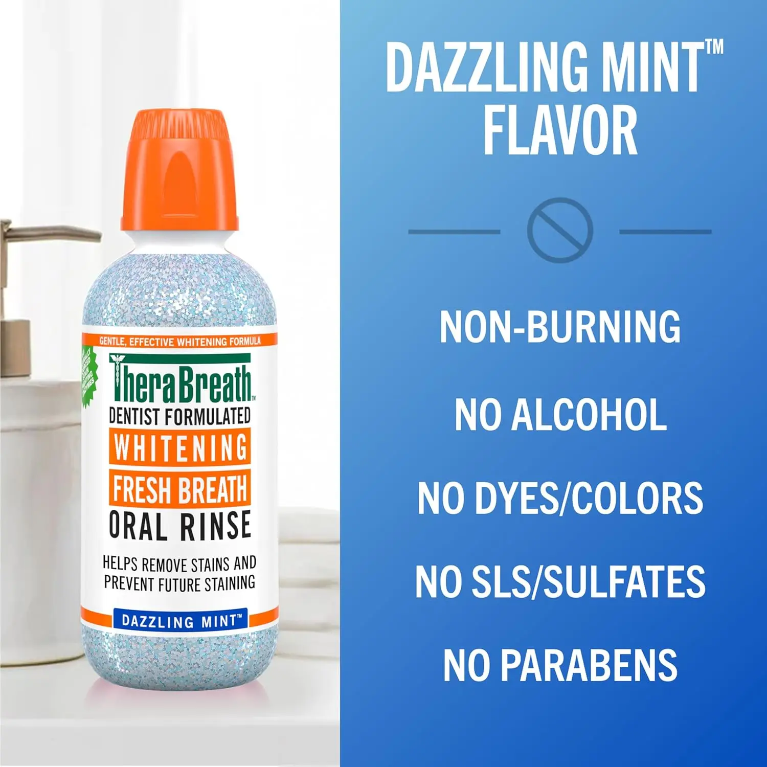 Two bottles of TheraBreath Dazzling Mint Whitening Mouthwash, a dentist-formulated, alcohol-free oral rinse designed to remove stains, prevent future staining, and freshen breath without peroxide.