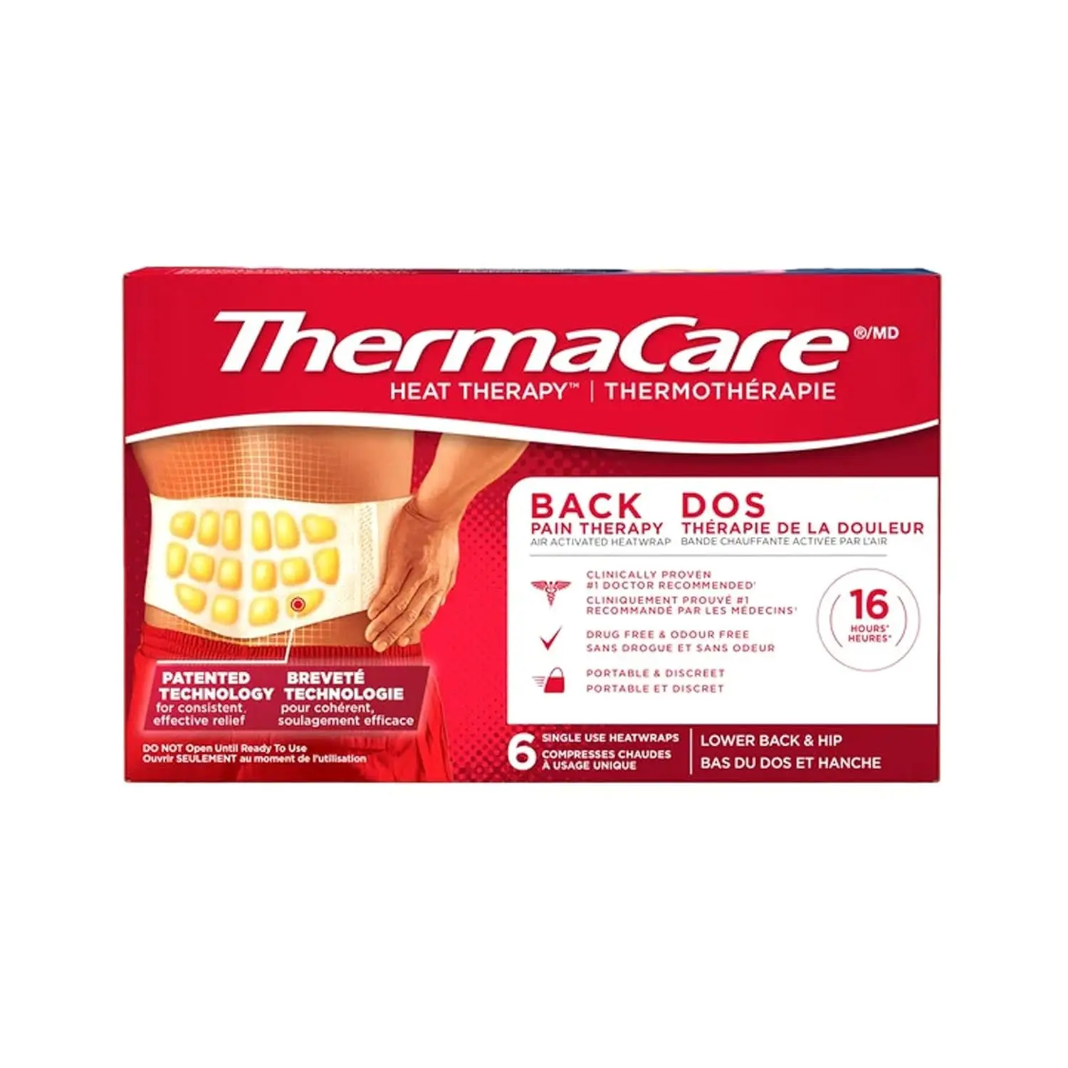 ThermaCare lower back and hip heat wraps provide 8 hours of continuous, drug-free pain relief for muscle strains, tension, or arthritis.