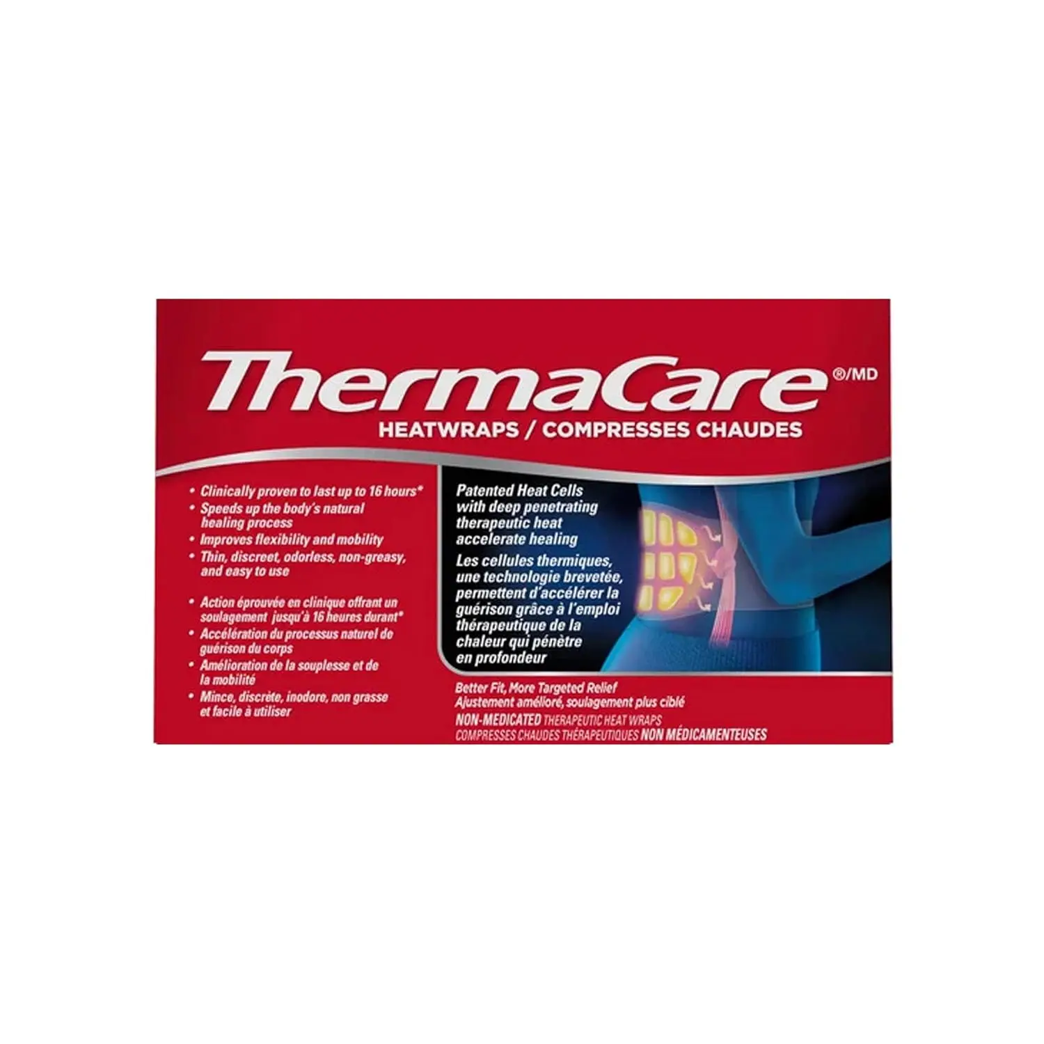 ThermaCare lower back and hip heat wraps provide 8 hours of continuous, drug-free pain relief for muscle strains, tension, or arthritis.