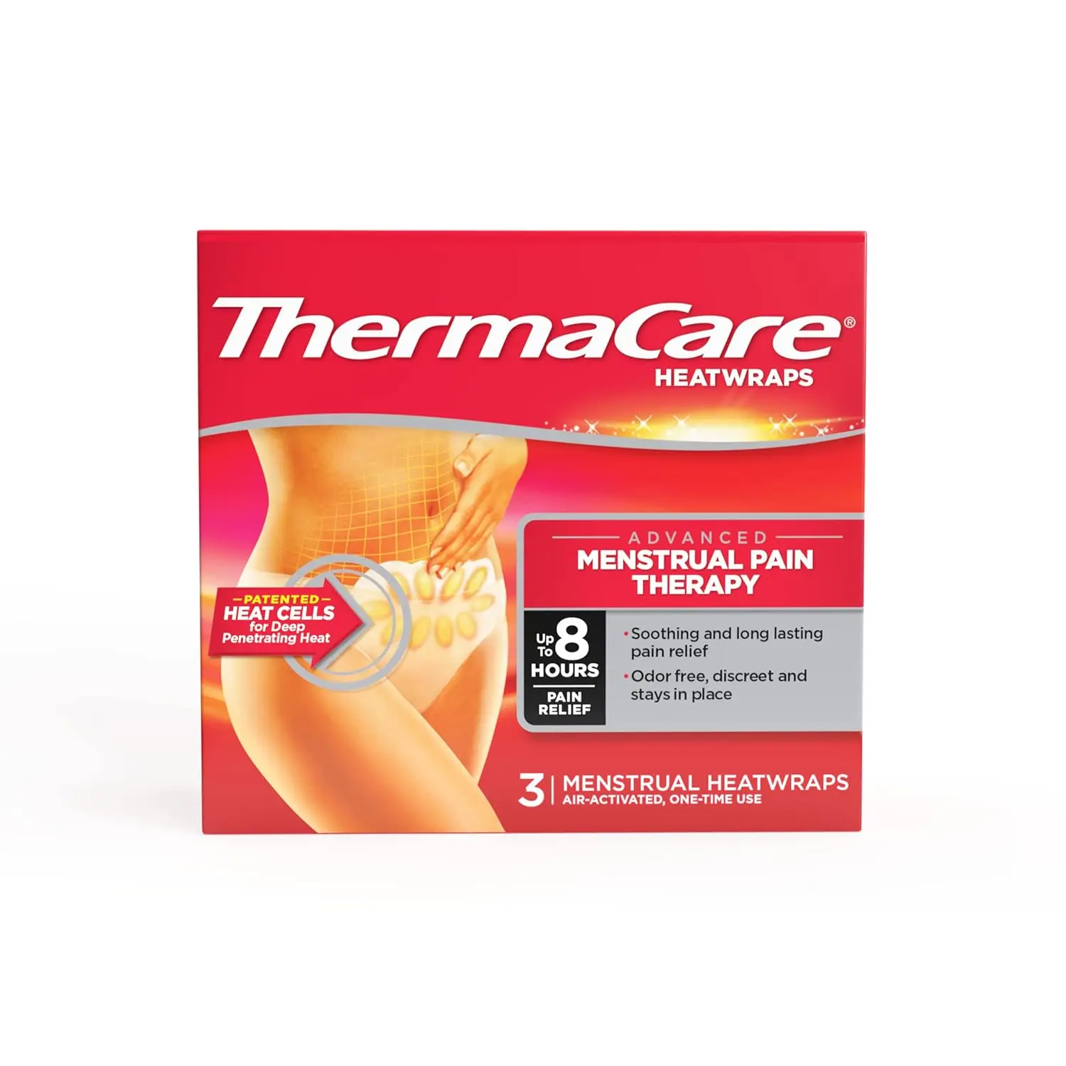 Thermacare Menstrual Relief Heatwraps provide soothing, discreet 8-hour heat therapy for menstrual cramp pain, designed to conform comfortably under clothing.