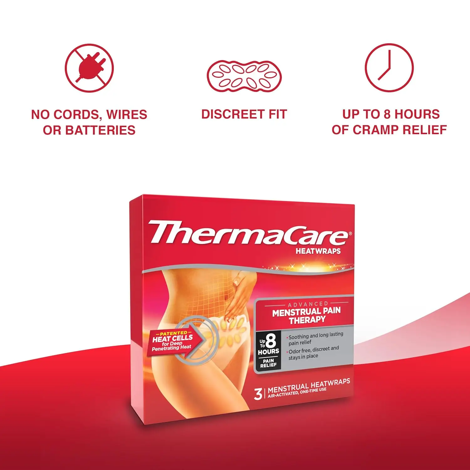 Thermacare Menstrual Relief Heatwraps provide soothing, discreet 8-hour heat therapy for menstrual cramp pain, designed to conform comfortably under clothing.
