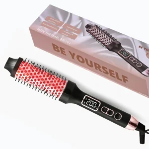 Rose gold thermal hair brush straightens, curls, and volumizes hair while reducing frizz with ionic and infrared technology for a healthy, shiny finish.