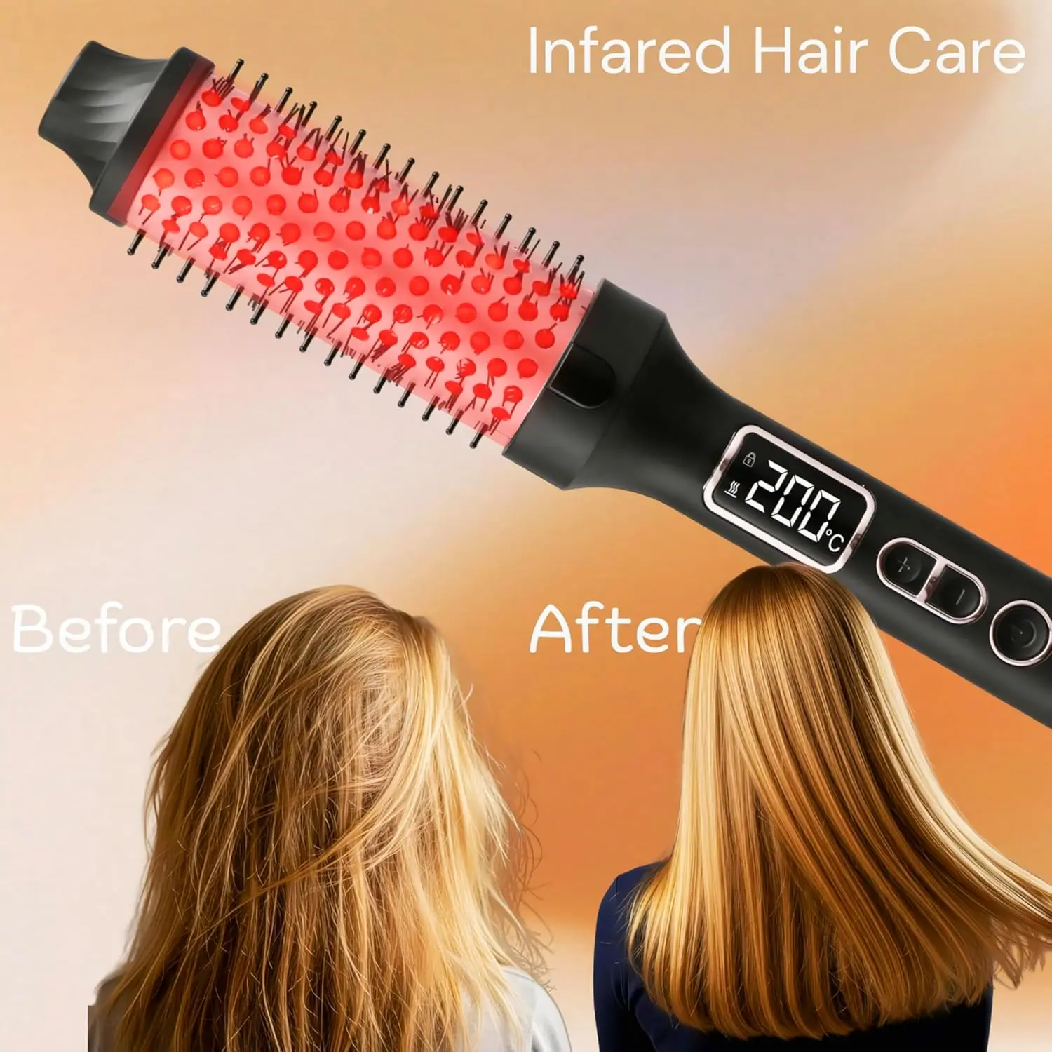 Rose gold thermal hair brush straightens, curls, and volumizes hair while reducing frizz with ionic and infrared technology for a healthy, shiny finish.