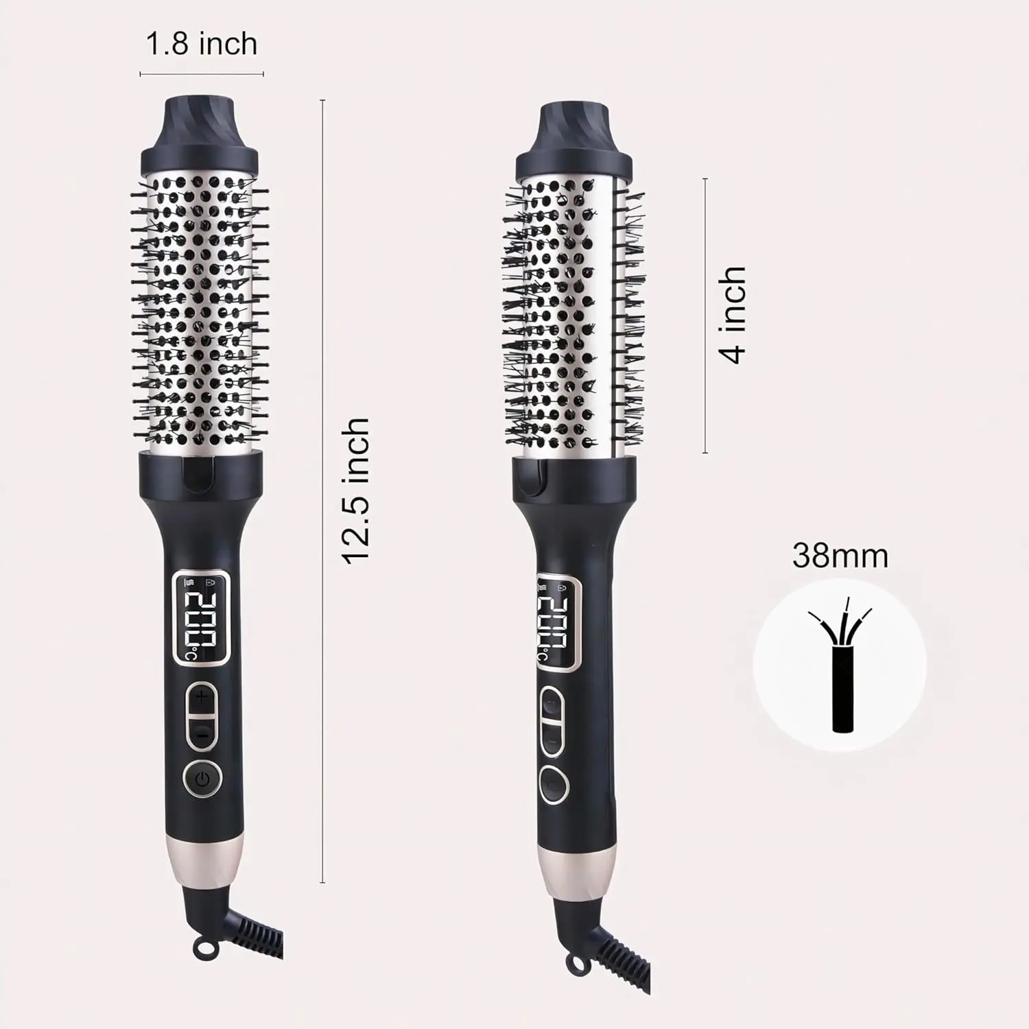 Rose gold thermal hair brush straightens, curls, and volumizes hair while reducing frizz with ionic and infrared technology for a healthy, shiny finish.