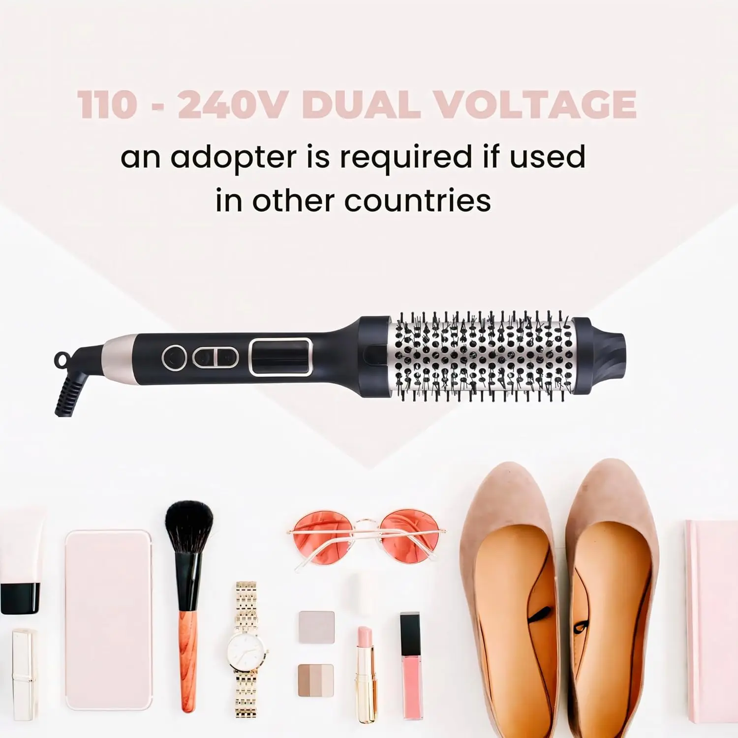 Rose gold thermal hair brush straightens, curls, and volumizes hair while reducing frizz with ionic and infrared technology for a healthy, shiny finish.