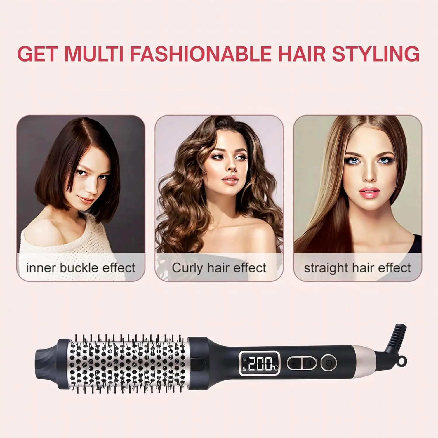 Rose gold thermal hair brush straightens, curls, and volumizes hair while reducing frizz with ionic and infrared technology for a healthy, shiny finish.