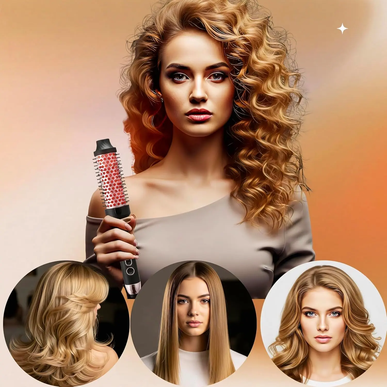 Rose gold thermal hair brush straightens, curls, and volumizes hair while reducing frizz with ionic and infrared technology for a healthy, shiny finish.