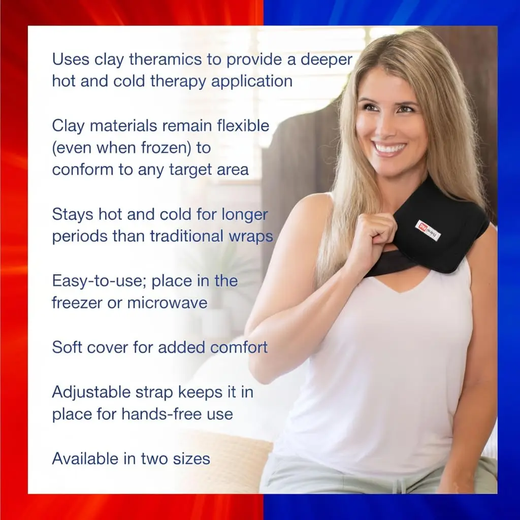 Medium ThermiPaq hot and cold pack with a soft fleece cover and adjustable velcro strap for targeted pain relief on the knee, back, or shoulder.