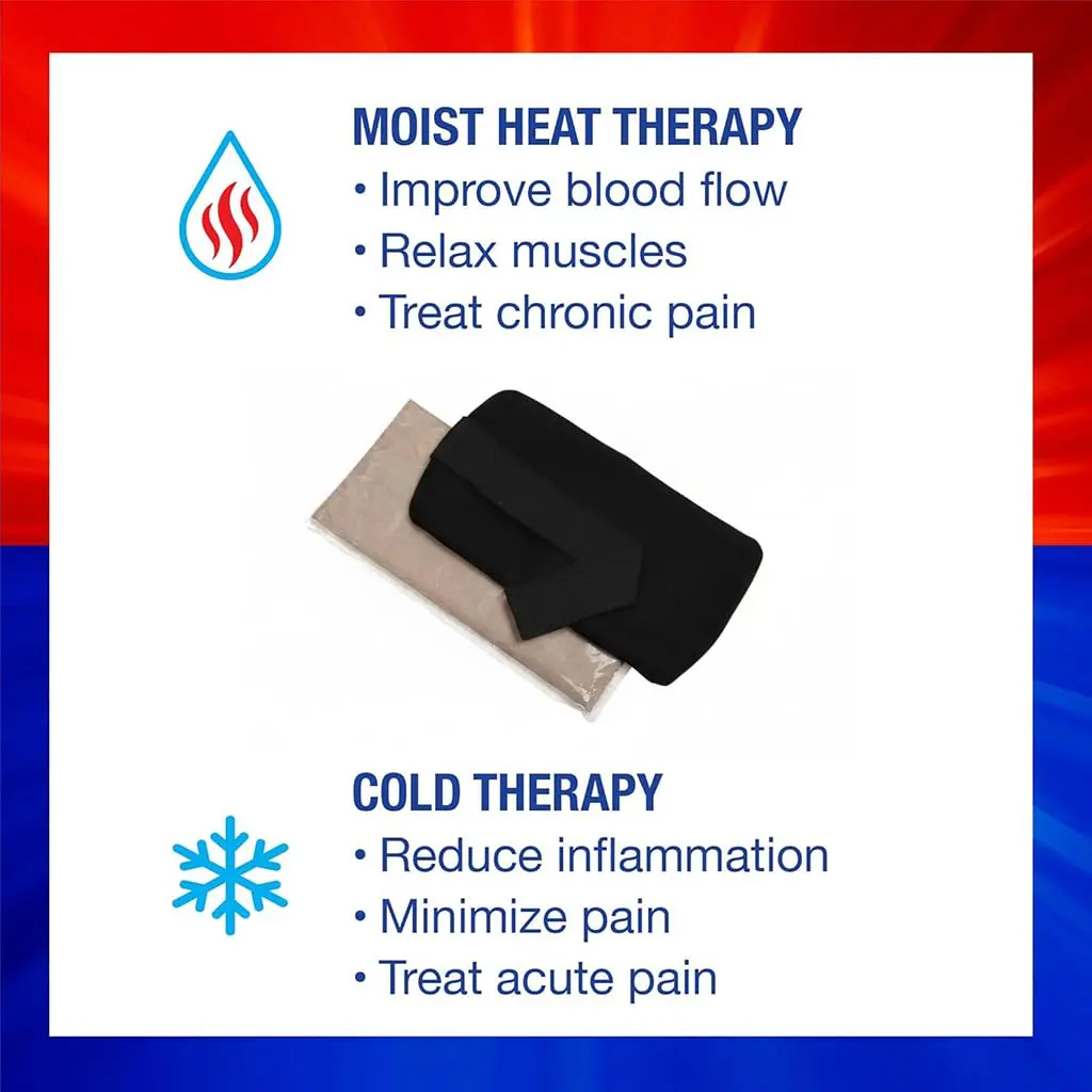 Medium ThermiPaq hot and cold pack with a soft fleece cover and adjustable velcro strap for targeted pain relief on the knee, back, or shoulder.
