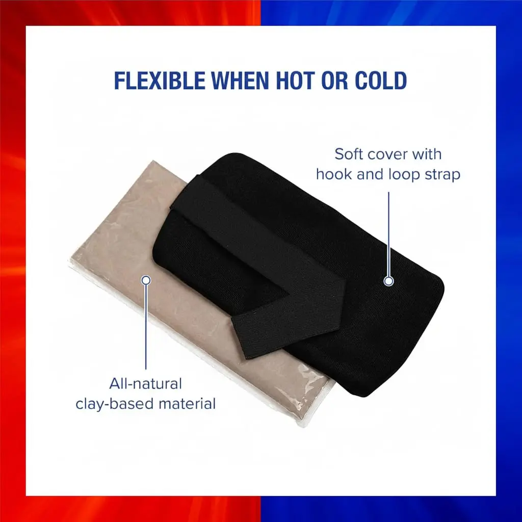 Medium ThermiPaq hot and cold pack with a soft fleece cover and adjustable velcro strap for targeted pain relief on the knee, back, or shoulder.