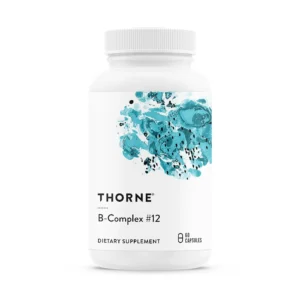 A bottle of Thorne B-Complex #12 capsules, a complete vitamin B complex with active B12 and folate, designed to support cellular energy, nervous system function, and optimal nutrient absorption.