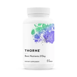 Thorne Basic Nutrients 2/Day multivitamin capsules offer comprehensive daily support for optimal wellness and essential nutrients.