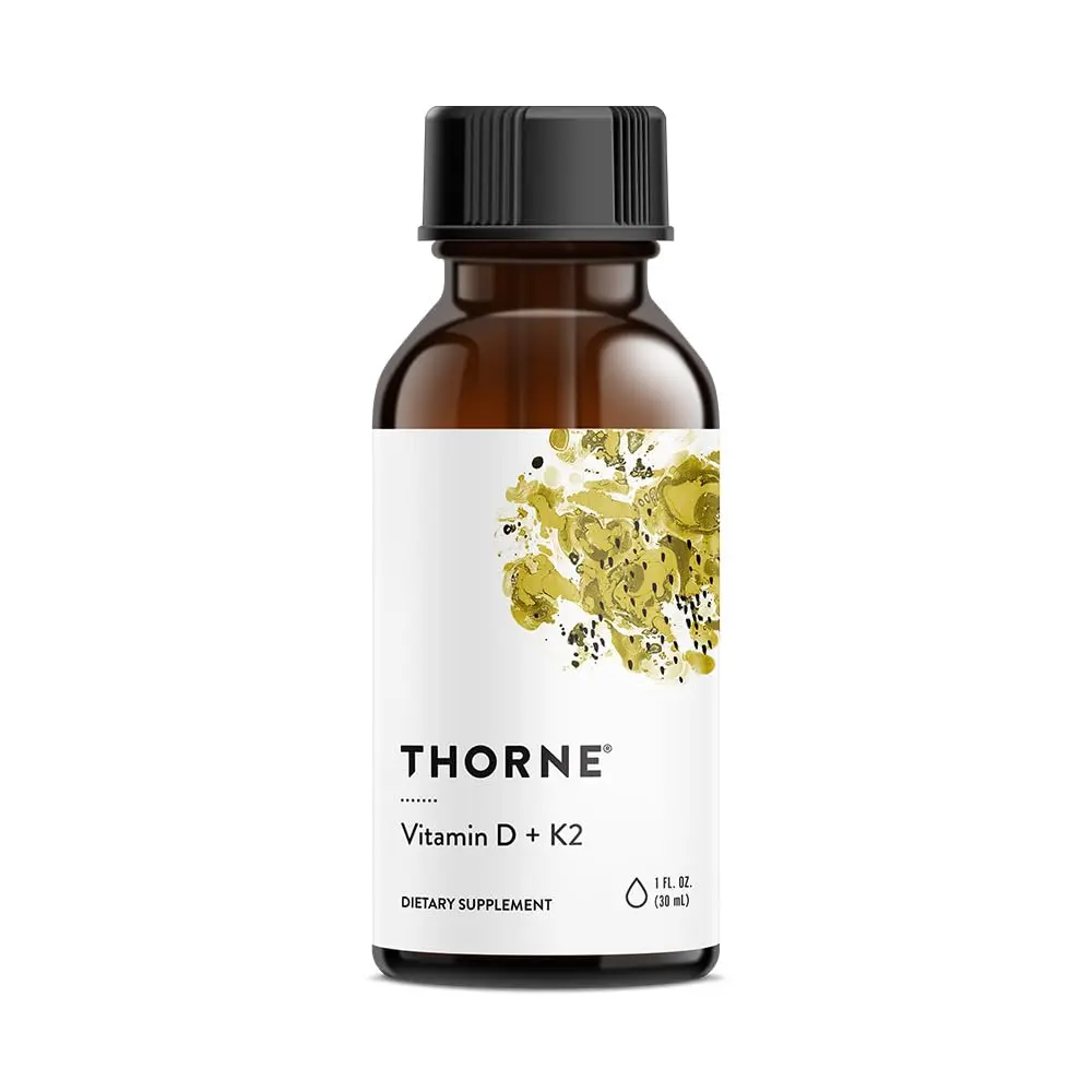 Thorne Vitamin D and K2 liquid supplement promotes bone and muscle health, cardiovascular health, and immune function with a convenient metered dispenser for accurate dosing.