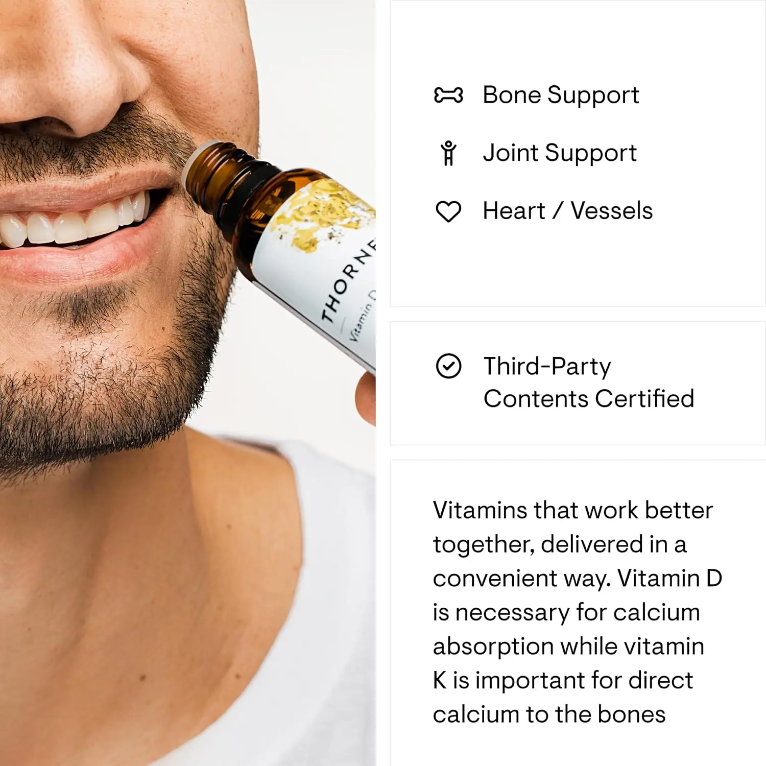 Thorne Vitamin D and K2 liquid supplement promotes bone and muscle health, cardiovascular health, and immune function with a convenient metered dispenser for accurate dosing.