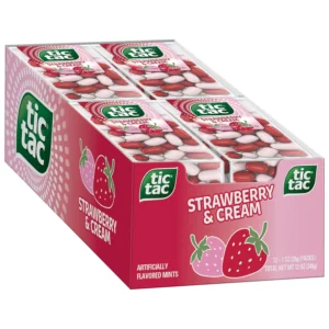 Twelve packs of Tic Tac Strawberry and Cream flavored mints, perfect for on-the-go refreshment and sharing.