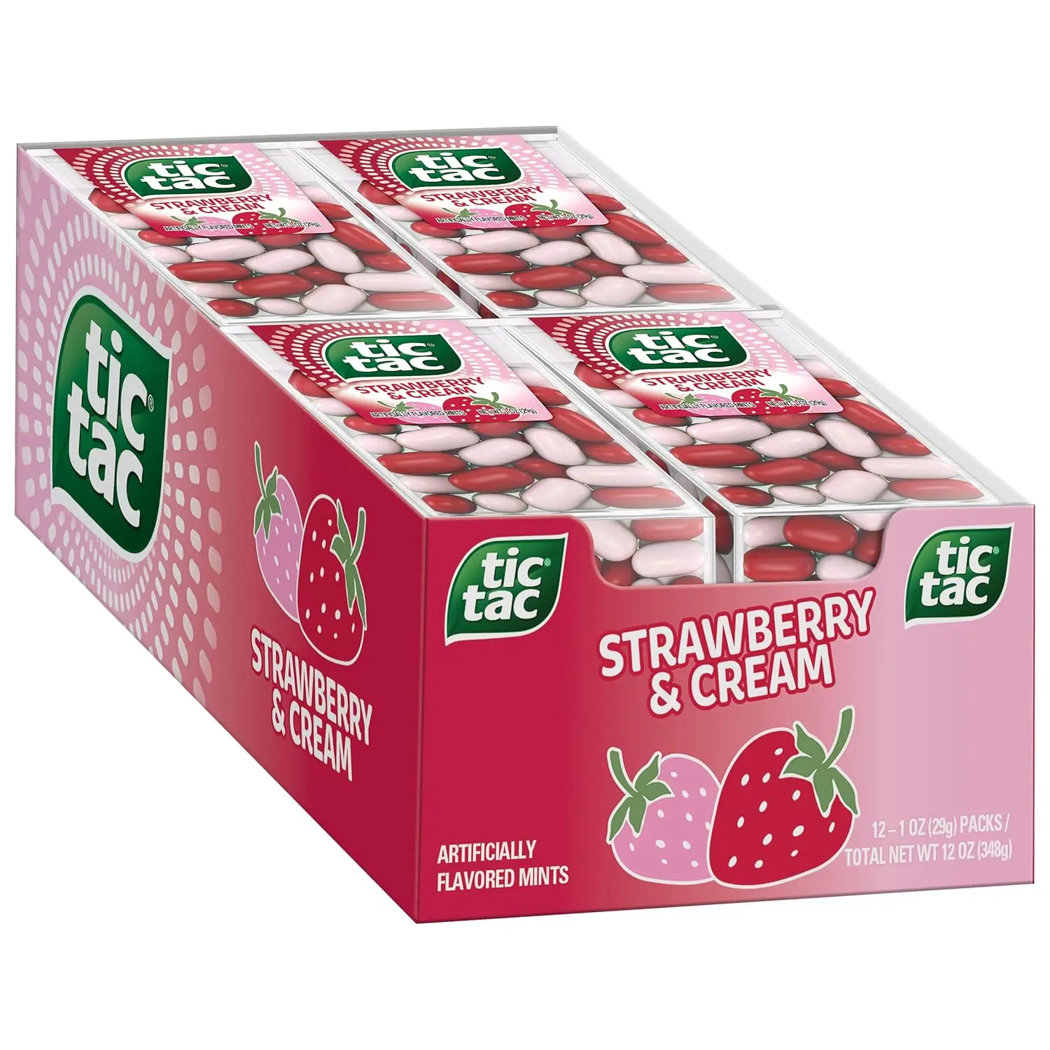 Twelve packs of Tic Tac Strawberry and Cream flavored mints, perfect for on-the-go refreshment and sharing.