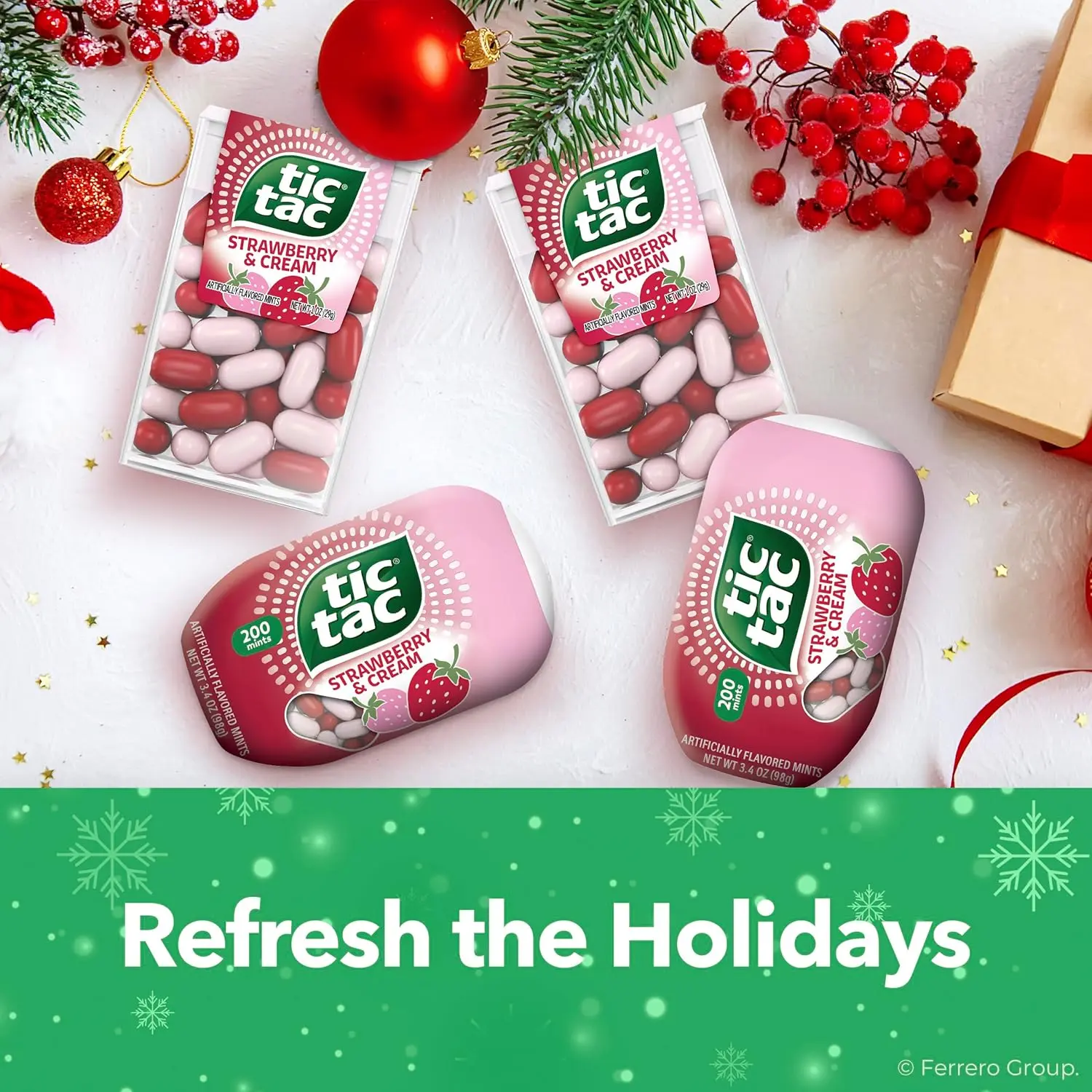 Twelve packs of Tic Tac Strawberry and Cream flavored mints, perfect for on-the-go refreshment and sharing.