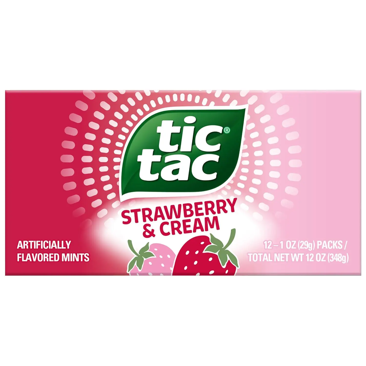 Twelve packs of Tic Tac Strawberry and Cream flavored mints, perfect for on-the-go refreshment and sharing.