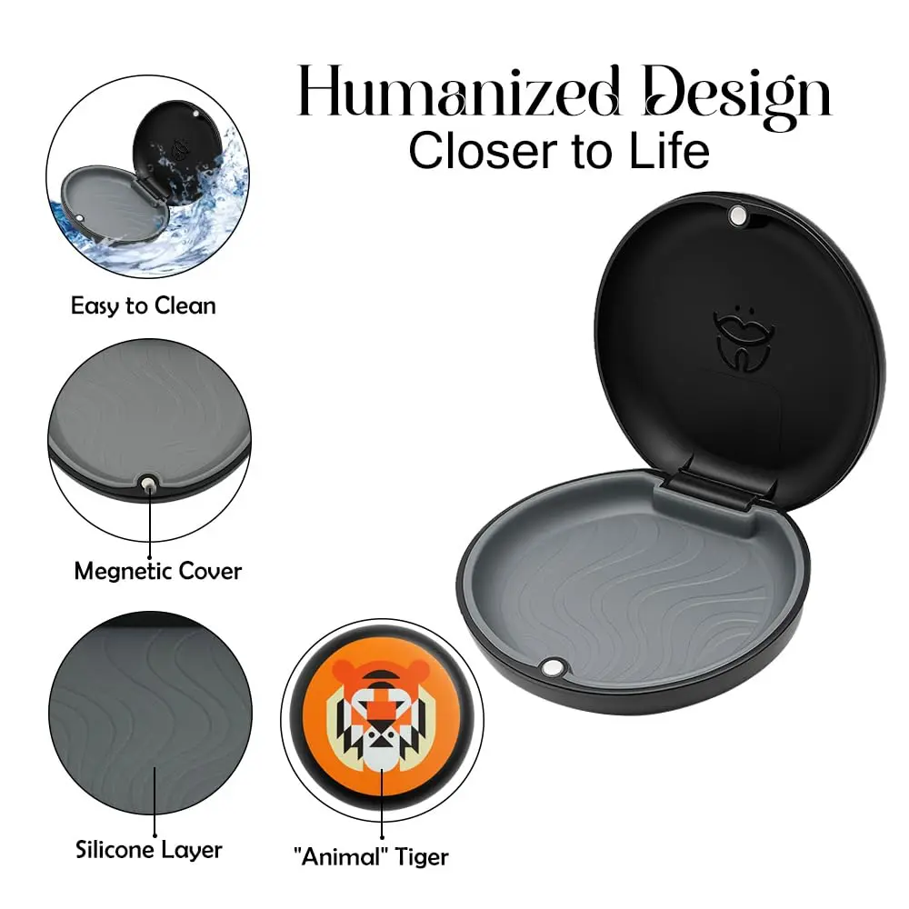 Dentosmile tiger-themed slim aligner case for orthodontic retainers, featuring magnetic closure and portable design.