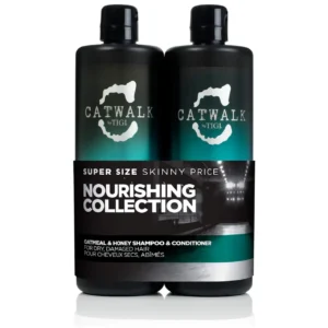 Catwalk by TIGI Oatmeal & Honey shampoo and conditioner set nourishes dry, damaged, and color-treated hair with a comforting oatmeal and honey fragrance, providing salon-quality hydration and revival.