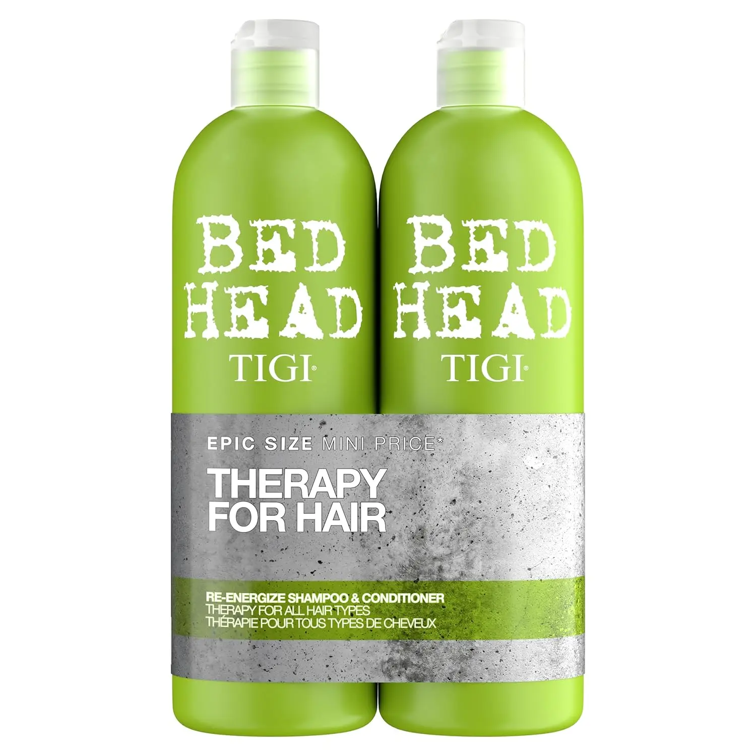 Bed Head by Tigi Re-Energize shampoo and conditioner for normal hair helps remove dirt and grime and smooths and softens hair.