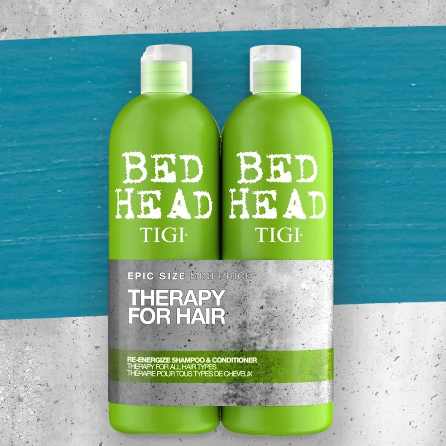 Bed Head by Tigi Re-Energize shampoo and conditioner for normal hair helps remove dirt and grime and smooths and softens hair.